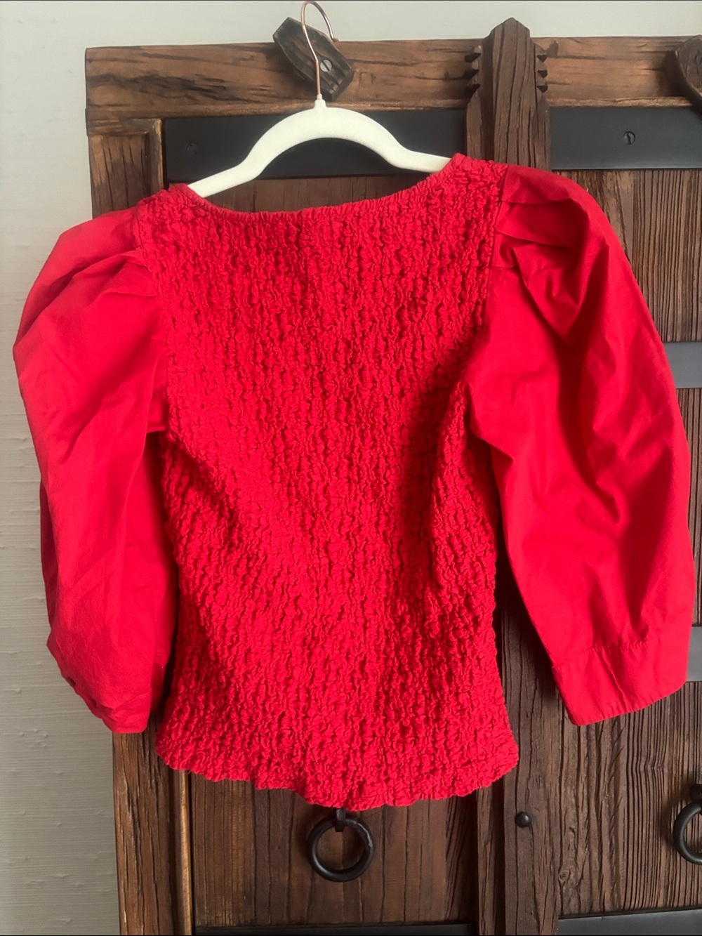 Anthropologie Red Smocked Puff-Sleeve Women's Top - Picture 5 of 5
